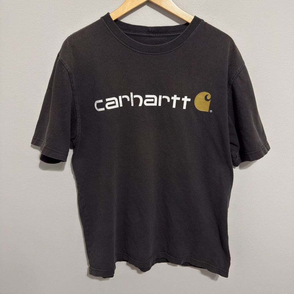 Carhartt Logo T Shirt Mens M Black Loose Fit Workwear Graphic Tee Y2K Faded